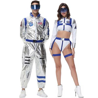 Couples Astronaut Costume Jumpsuit Sexy Halloween Group Couples Costumes Silver Space Suit for Men Women with Embroidered Patches