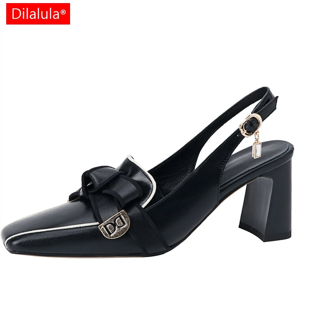 Dilalula 2025 French Style Genuine Leather Sandals Women Covered Toe Butterfly Knot Party Dating Sandals Office Ladies Pumps