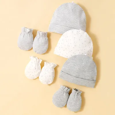 3 Hats and 3 Pairs of Mittons Newborn 100% Cotton Soft Comforttable Solid Color Baby Face Scratch