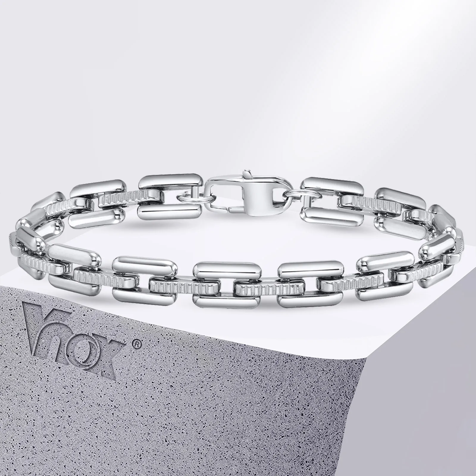 Vnox Never Fade Heavy Handmade Link Chain bracciali per uomo, bracciale Punk Rock con catena rettangolare in acciaio inossidabile Color argento
