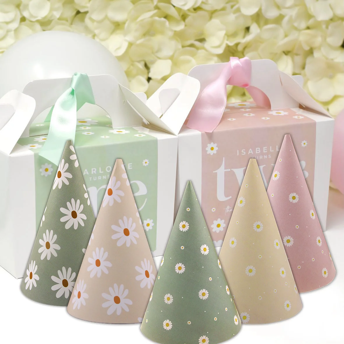 6Pcs Daisy Blume Papier Hüte Rosa Grün Hut Für Baby Dusche Daisy Themen Kinder Geburtstag Party Dekorationen DIY Geschenke liefert Image