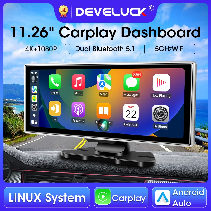 11,26 Zoll Auto DVR 4K Dash Cam Dual Lens Wireless Carplay & Android Auto Video Recorder Monitor GPS Navigation 5G Wifi FM AUX