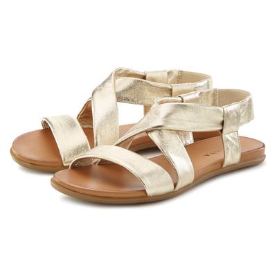 Sandale LASCANA "Sommerschuh", Damen, Gr. 41, gold (goldfarben), Obermaterial: 100% Rindsleder. Decksohle: 100% Rindsleder. Laufsohle: 100% Synthetik, unifarben, casual, Schuhe, aus Leder mit raffinierten Riemchen, Sandalette, Sommerschuh Image