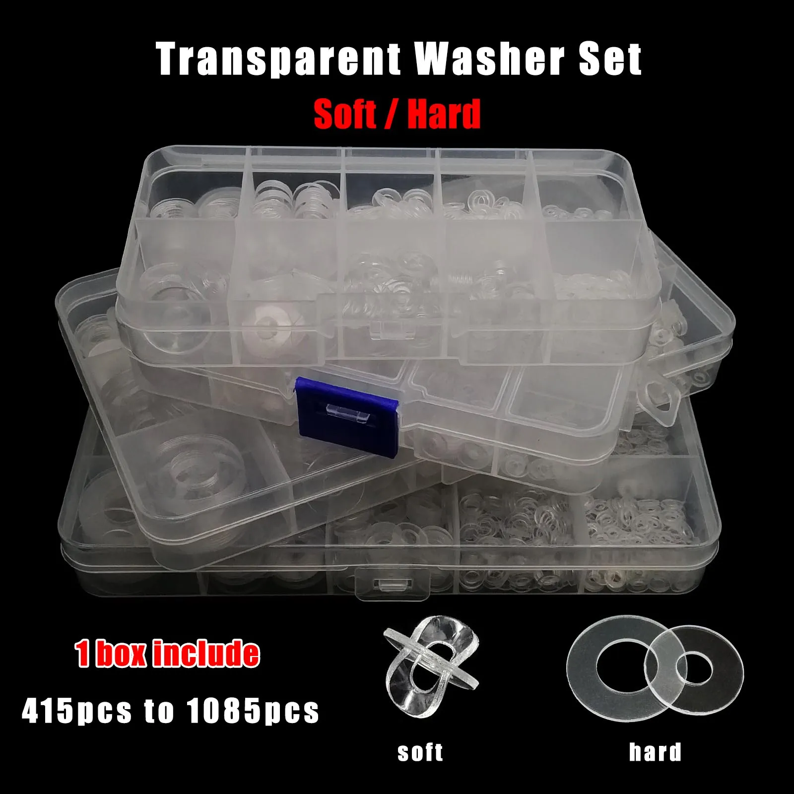415/1085pc M2 M2,5 M3 M4 M5 M6 M8 M10 M12 Kunststoff PVC Transparent Klar flache Unterlegscheibe Isolierte Dichtung Ring Sortiment Kit Set Box Image