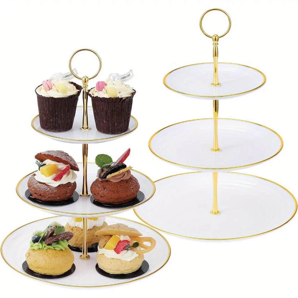 3-stufiger Kuchenständer, Obstteller-Tablett, rund, für Cupcakes, Vorspeisen, Kuchen, Dessert, Turm, Serviertablett, ideal für Hochzeiten, Geburtstage Image