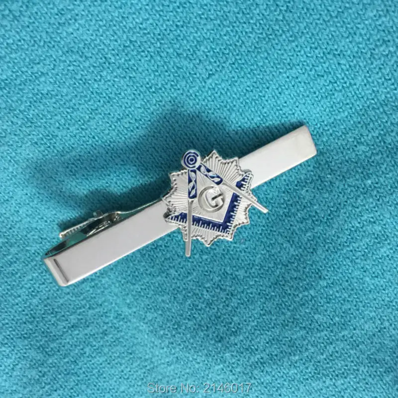 Enamel Masonic Tie Bar Clips Square and Compass with G Sunburst for the Freemason Blue Lodge Silver Color