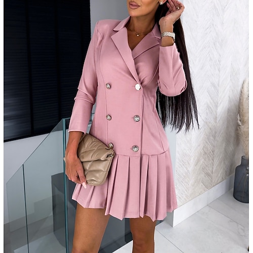 Damen Elegantes Kleid Minikleid Gefaltet Doppelreihiger Verschluss Elegant V Ausschnitt Langarm Hellrosa Schwarz Weiß Farbe Image