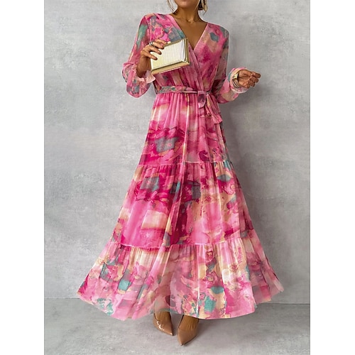 Damen kleid lang Chiffon-Kleid A Linie Kleid Elegant Ausgefallene Party kleid hochzeitsgast Täglich Regular Fit Blumen Langarm V Ausschnitt Fuchsie Sommer Image