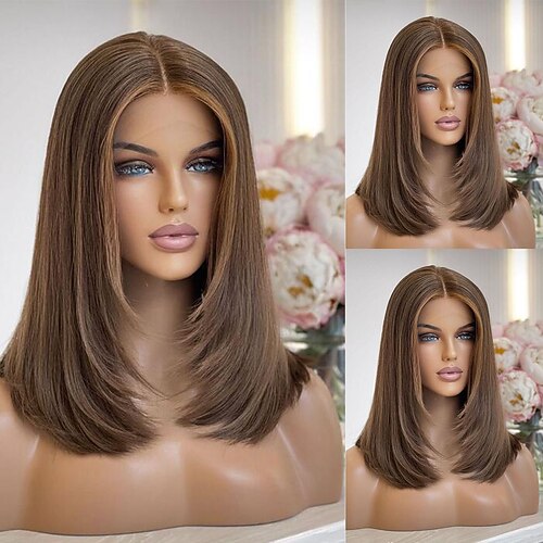Remy Menschenhaar 13x4 Spitzenfront Perücke Kurzer Bob Brasilianisches Haar Seidig gerade Rotbraun Perücke 130% 150% Haardichte mit Babyhaar Natürlicher Haaransatz 100% Jungfrau Vorgerupft Für Damen Image