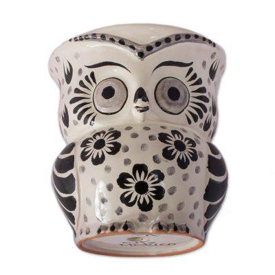 Floral Owl,'Black and White Ceramic Owl Flower Pot from Mexico'