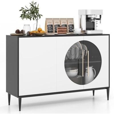 Buffetschrank mit Glastüren & Metallbeinen, Sideboard Weiß + Schwarz, Küchenschrank Holz, Buffet Image