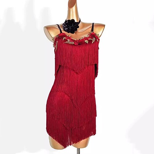 Latein-Tanzkleid mit Quastenstickerei für Damen, ärmellos, für Rumba, Salsa, Samba, Tanzkostüme Image