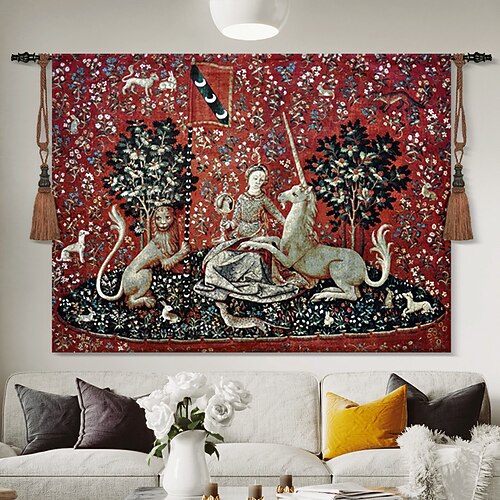 Jacquard-gewebter mittelalterlicher Wandteppich Gobelin Aubusson Die Dame und das Einhorn Webkunst Baumwollgewebe Wandkunst Aufhängung Größerer Wandteppich historische mittelalterliche Image