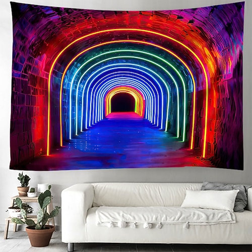 Schwarzlicht Wandteppich UV reaktiv im Dunkeln leuchtend Party Neon Regenbogen Bogen psychedelisch trippig neblig hängender Wandteppich Wandbild für Wohnzimmer Schlafzimmer Image