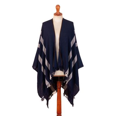 Midnight Seasons,'Striped Midnight Soft 100% Baby Alpaca Ruana with Suede Trim'