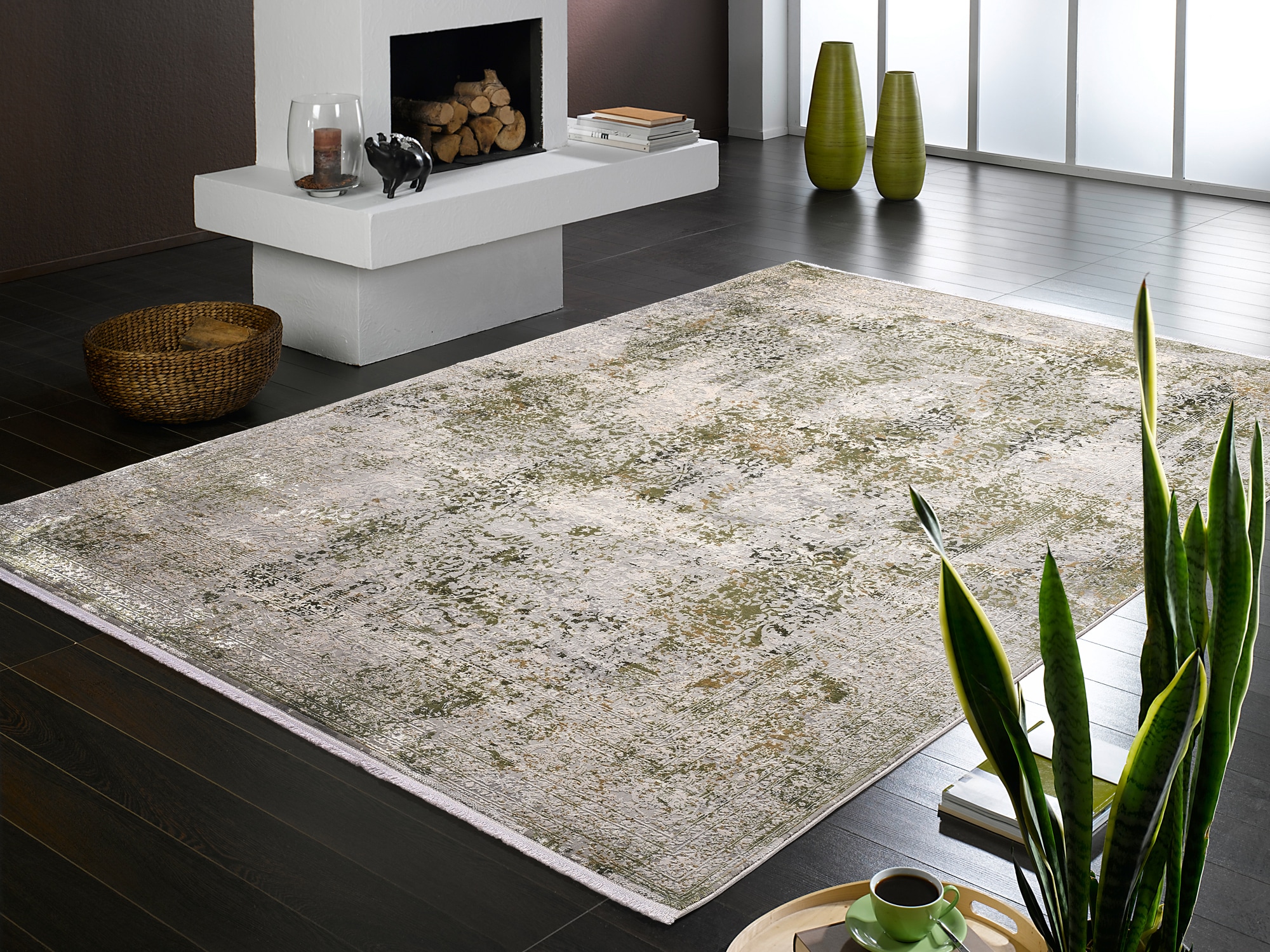 Teppich OCI DIE TEPPICHMARKE "BESTSELLER CAVA", grün (grün, grau), B:60cm H:8mm L:90cm, Kunstfaser, Viskose, Teppiche, Teppich, Glanz Viskose, mit Fransen, Hoch Tief Struktur, Vintage, Wohnzimmer