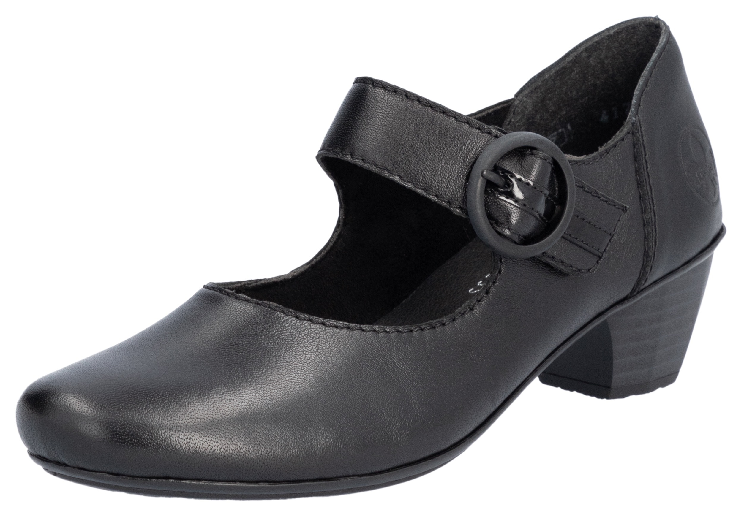 Spangenpumps RIEKER, Damen, Gr. 39, schwarz, Leder, Lederimitat, unifarben, Schuhe Spangenpumps, Festtagsschuh, Pumps, Trichterabsatz, mit Klettriemchen, Topseller