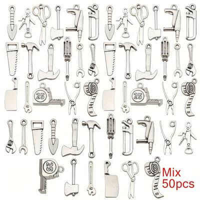 TEMU 50pcs Antique Silver Mixed Tool Charms Set, 3d Assorted Diy Craft Pendants For Jewelry Making, Necklace, Bracelet, Keychain Crafting