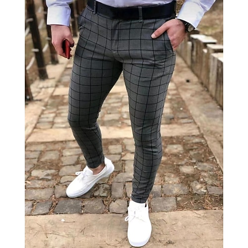 Herren Anzughosen Hose Hosen Chinesisch Chino Knopf Tasche Plaid Komfort Formal Party Arbeit Modisch Klassicher Stil Schwarz Marineblau Mikro-elastisch Image