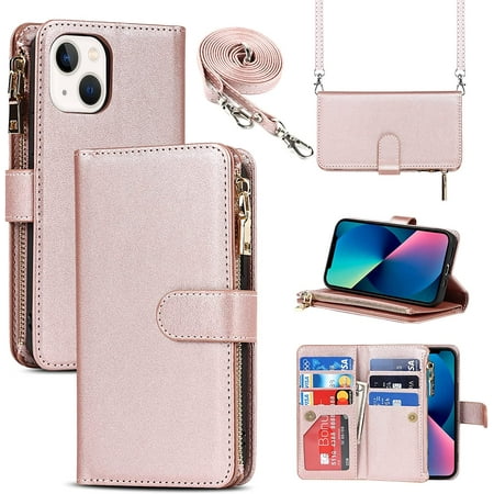 iPhone 13/14 Phone Case Wallet for Women Men with Card Holder iPhone 13 Crossbody Case with Strap Shoulder Lanyard Zipper Pocket PU Leather Cases Purse for iPhone 13 6.1 Inch RoseGold