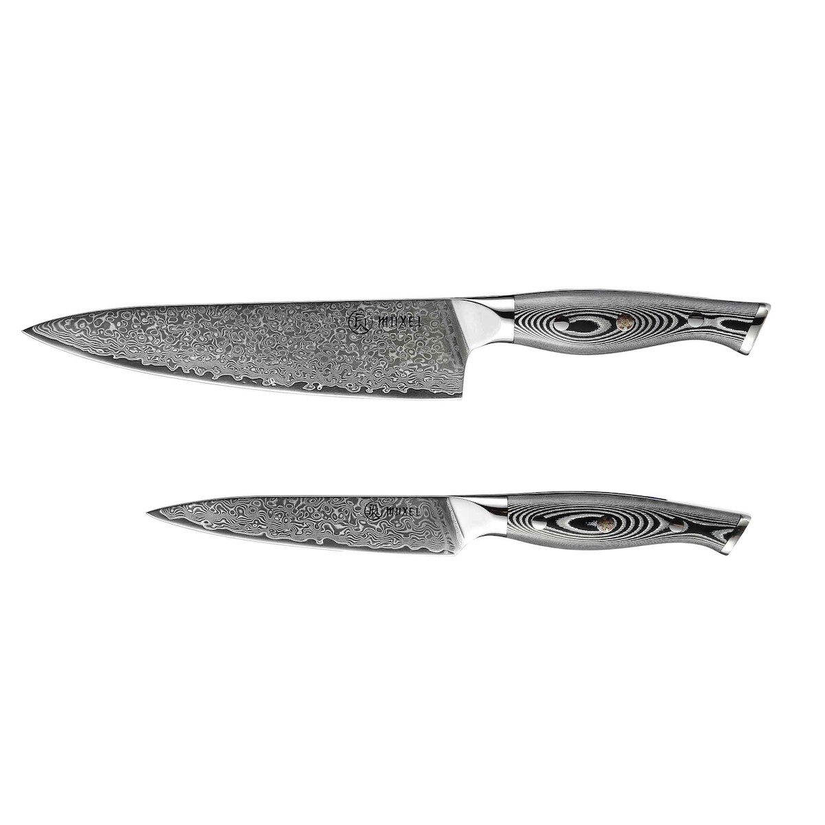 Muxel 2-tlg Messer Set Damast V10 Edelstahl 62 Lagen Kochmesser und Gemüsemesser extra scharf V - Kante für Links- und Rechtshänder Image