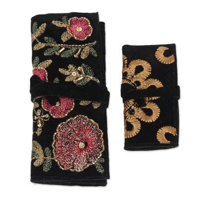 Flower Path,'Artisan Crafted Floral Embroidered Jewelry Rolls (Pair)'