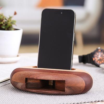 'Hand-Carved Minimalist Oval Striped Wood Phone Speaker'