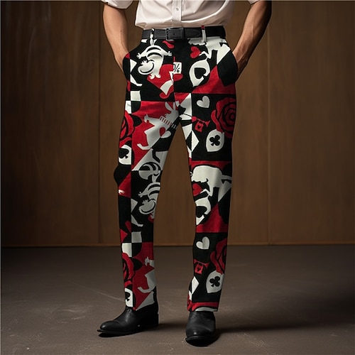 Farbblock Poker Abstrakt Herren 3D-Druck Hosen Hose Outdoor Strasse Tragen Sie, um zu arbeiten Polyester Wein Rote Blau S M L Hoch Elastizität Hose
