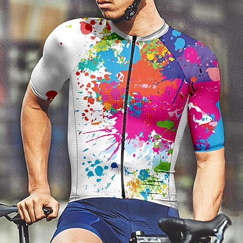 Herren Radtrikot Graffiti Kurzarm Fahhrad T-Shirt Trikot mit 3 Gesäßtaschen Mountainbike MTB Schnelltrocknend Anatomisches Design Feuchtigkeitsableitend Atmungsaktiv Sport Weiß Gelb Blau Bekleidung Image