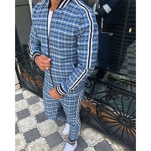Herren Trainingsanzug Jogginganzug Kordelzug Tasche Kariert Sportbekleidungsset Frühling Weiß Marinenblau Fitnesstraining Joggen Laufen Weich Atmungsaktiv Langarm Sport Sportkleidung Mikroelastisch Image