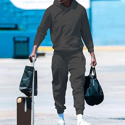 Herren Trainingsanzug Jogginganzug Kordelzug Tasche Einfarbig Kapuzenpulli und Hose Jacke und Jogginghose Sportbekleidungsset Herbst Dunkelgrau Cachi scuro Fitnesstraining Joggen Laufen Thermowarm Image