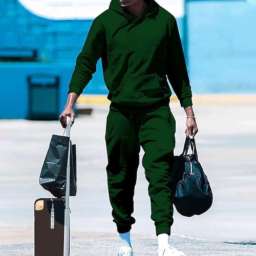 Herren Trainingsanzug Jogginganzug Kordelzug Tasche Einfarbig Kapuzenpulli und Hose Jacke und Jogginghose Sportbekleidungsset Herbst Dunkelgrau Cachi scuro Fitnesstraining Joggen Laufen Thermowarm Image