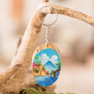 Volcano Charm,'Hand-Carved Pinewood Keychain with Volcano Painting'