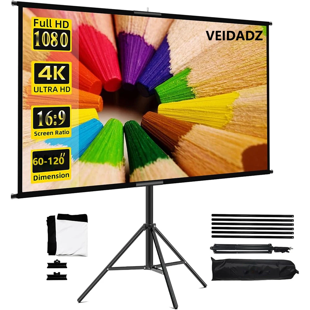 VEIDADZ Projektorleinwand mit Ständer, faltbar, weiß, knitterfrei, 60–120 Zoll, 16:9-Bildschirm mit Tasche für Heimkino, drinnen und draußen Image