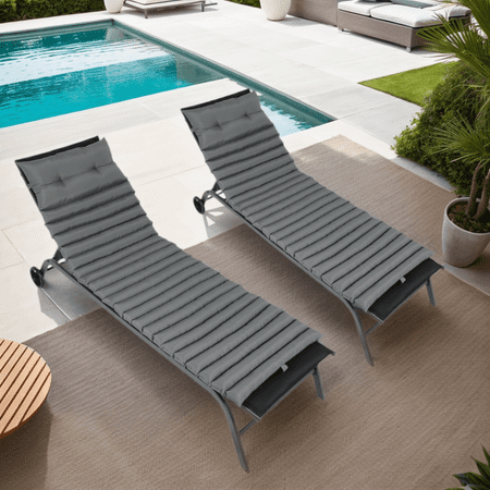 2 Pieces Indoor Outdoor Lounge Chair Cushion Set With Adjustable Strap Replacement Patio Funiture Seat Cushion Can Be Secured With a Button and Cord Closure Chaise Lounge Cushion Grey