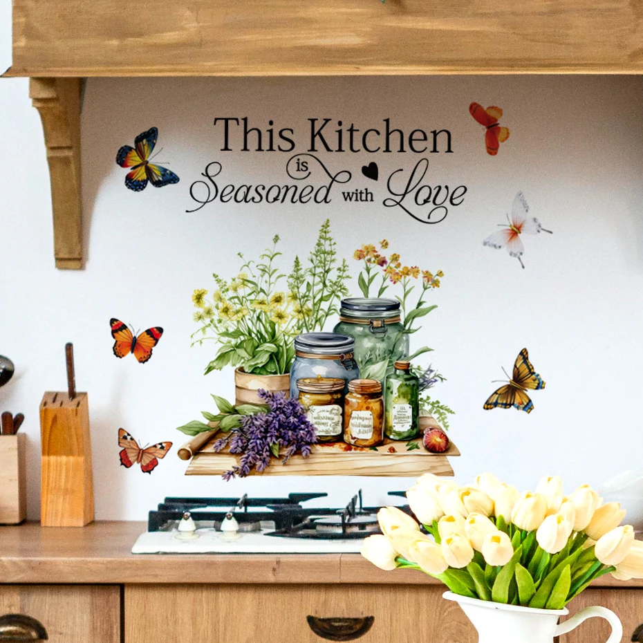 Autocollants muraux avec citations de cuisine, herbes de cuisine, Art de cuisine, papillon, fleur, décorations artistiques pour la maison