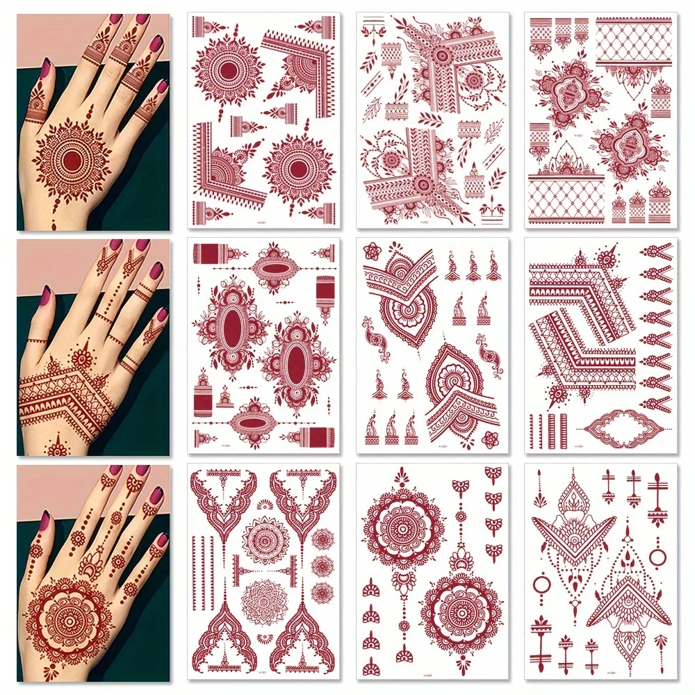 Rotes Vintage Henna Temporäres Tattoo für Hände Frauen Körperkunst Fake Tattoo Spitze Finger Tattoo Aufkleber für Indian Mehndi Festival