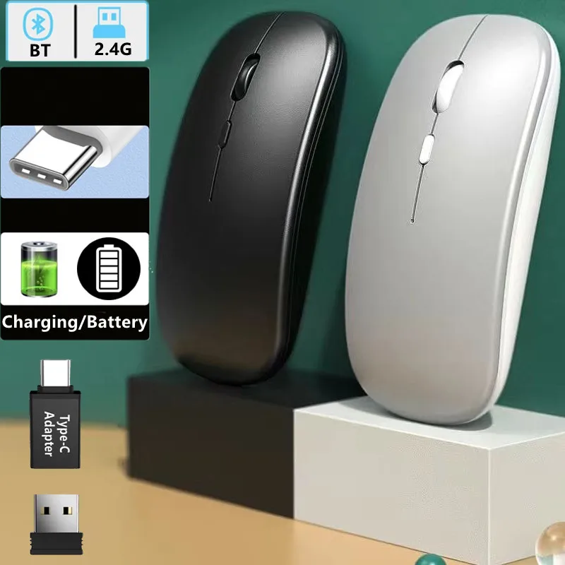Drahtlose Maus Schlank Bluetooth-kompatibel 2,4G Computer Mäuse Tragbare Wiederaufladbare/Batterie Cordless Maus für iPad Laptop Desktop Image