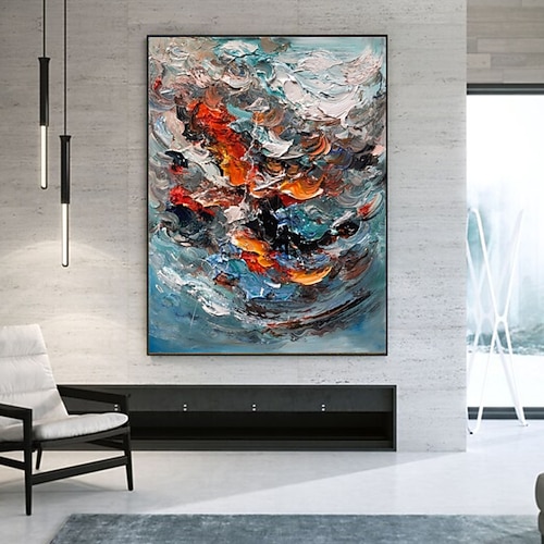 handgefertigtes Ölgemälde auf Leinwand, Wandkunst, Dekoration, abstraktes Messergemälde, Landschaftsblau, für die Inneneinrichtung, gerolltes, rahmenloses, unbelastetes Gemälde Image