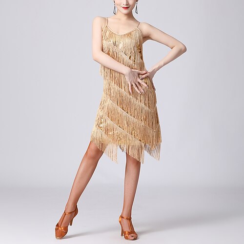 Lateinischer Salsa-Tanz Kleid Quaste Damen Leistung Party Ärmellos Pailletten Image