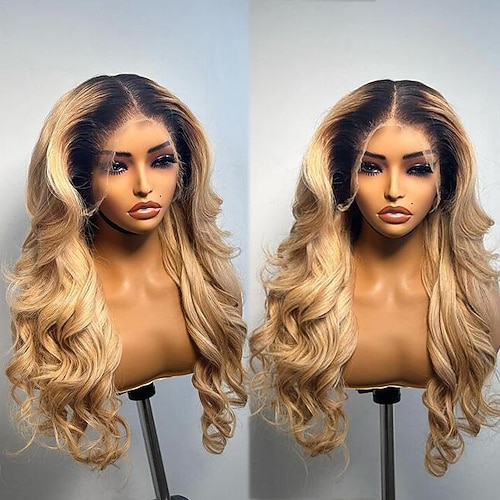 Unverarbeitetes reines Haar 13x4 Spitzenfront Perücke Mittelteil Brasilianisches Haar Wellen Blond Perücke 130% 150% Haardichte Gefärbte Haarspitzen (Ombré Hair) Natürlicher Haaransatz Leimlos Image