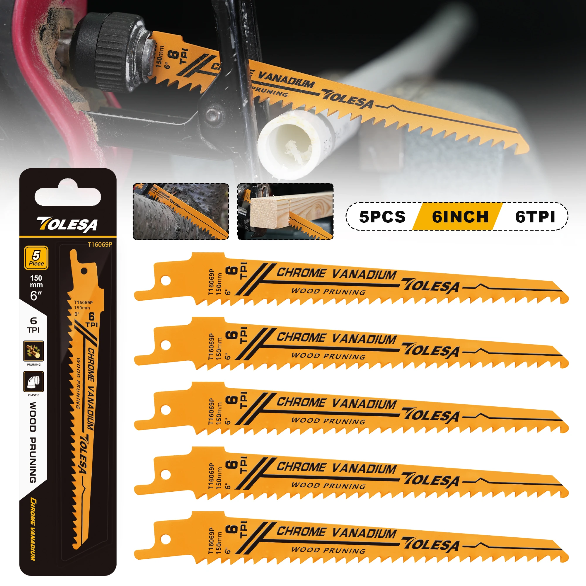 TOLESA 5PCS 6TPI Lame per sega alternativa per potatura del legno da 6 pollici per taglio di tubi in legno e PVC CRV Denti a terra affilati Sabre