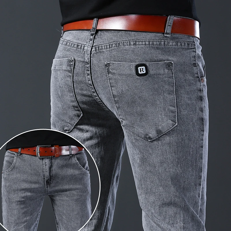 Jeans im neuen Stil, Slim-Fit für Herren, bequeme, elastische graue Hose mit geradem Bein im koreanischen Stil mit mittlerer Taille, lässige Jeanshose für Herren Image