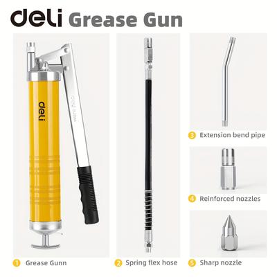 TEMU Deli Grease , 8000 Psi Heavy Duty Grease Kit With 14 Oz Load, 18 Inch Hose, 2 Basic Coupler, 1 Fixed Tube And 2 Sharp Type Nozzle, Yellow