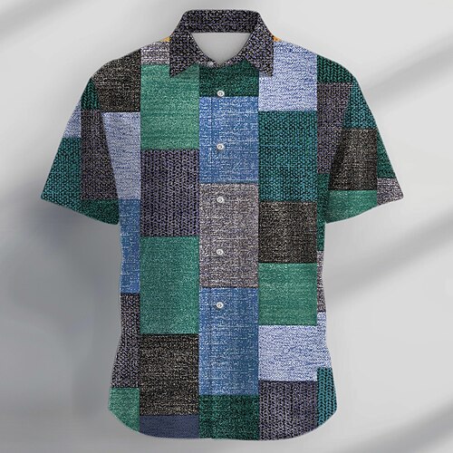 Herren Geometrisch Geometrische Muster Hemd Knopfhemd Kurzarm Vintage Modisch lässig Urlaub Täglich Sommer Umlegekragen Hemden mit Kragen Knopf Bedruckt Schwarz Blau Mehrfarbig Braun Khaki Image