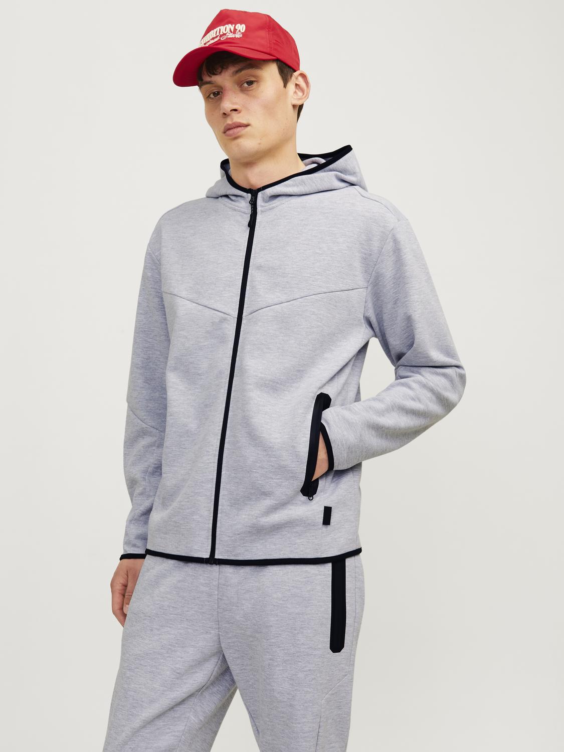 Sweatjacke JACK & JONES "JCOFUSION SWEAT ZIP HOOD NOOS", Herren, Gr. S, grau (light grau melange detail:new lgm), angeraute Sweatware, Obermaterial: 58% Polyester, 42% Baumwolle, meliert, regular fit hüftlang, Rundhals, Rippbündchen, Sweatjacken...