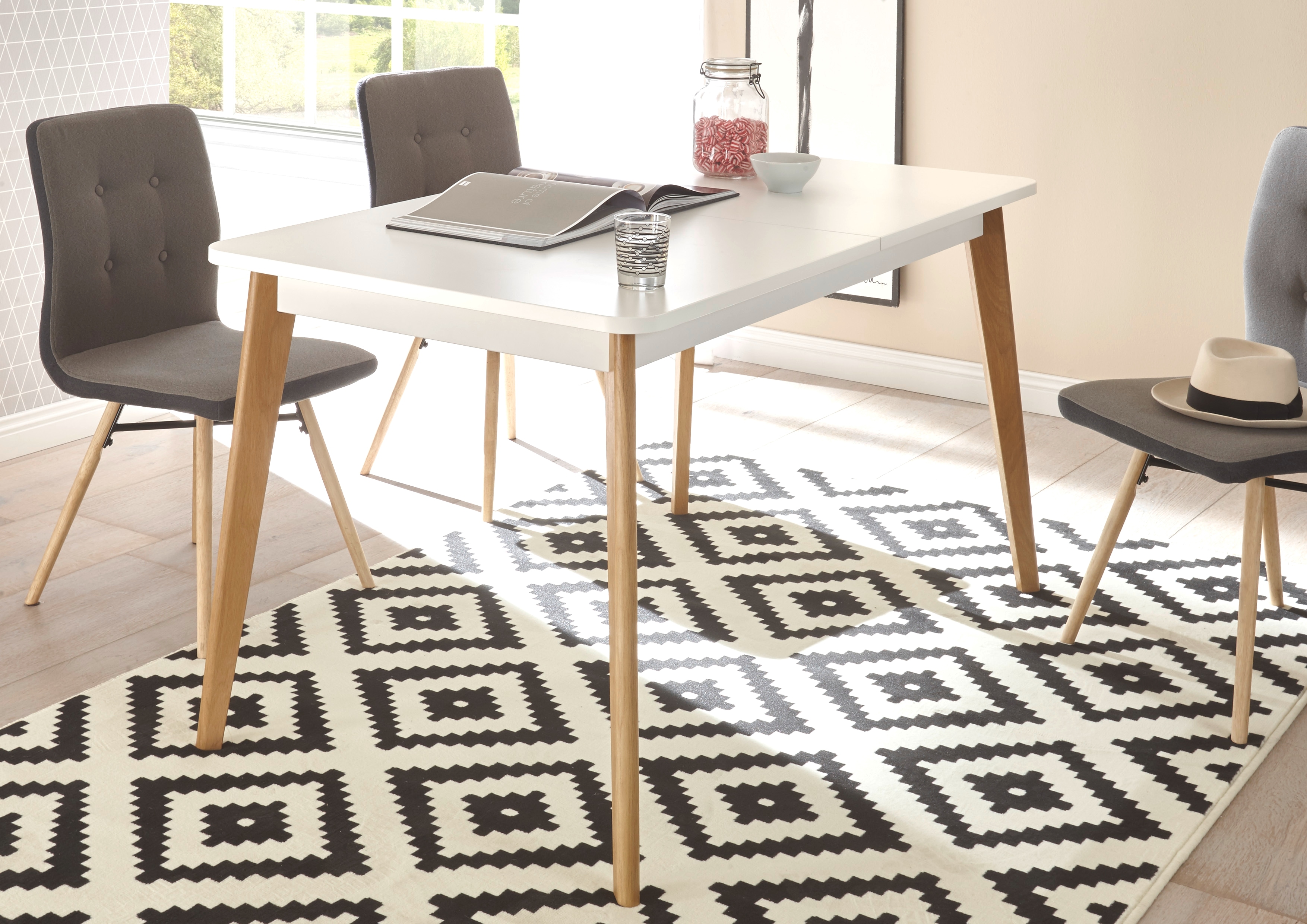 Esstisch HOME AFFAIRE "Torge, Tisch mit Auszugsfunktion, Küchentisch,Wohnzimmertisch", weiß (weiß, scandi oak dekor, weiß), B:140cm H:75cm T:80cm, Tische, Esstisch, skandinavischer Stil, in drei Farben verfügbar, ausziehbarer Esstisch Image