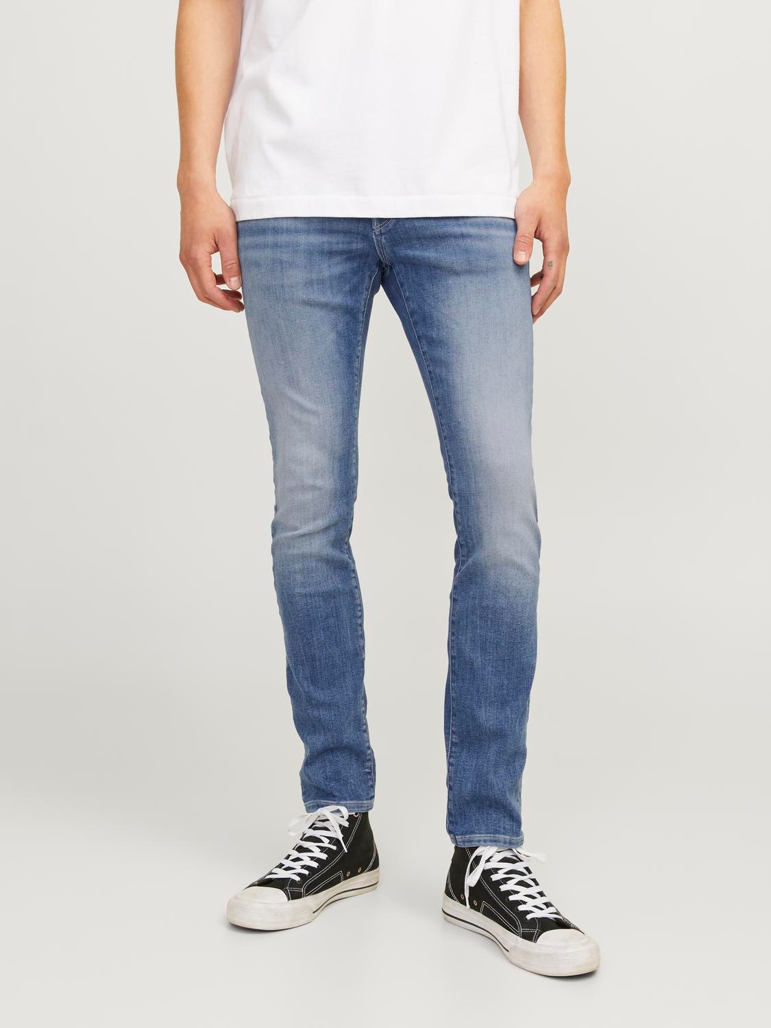 Slim-fit-Jeans JACK & JONES "JJIGLENN – Jeans mit Stretch, niedriger Leibhöhe und Taschen", Herren, Gr. 31, Länge 32, blau (mid blau denim), Denim/Jeans, Obermaterial: 70% Baumwolle, 28% Polyester, 2% Elasthan, Abriebeffekte, slim fit knöchellang,...