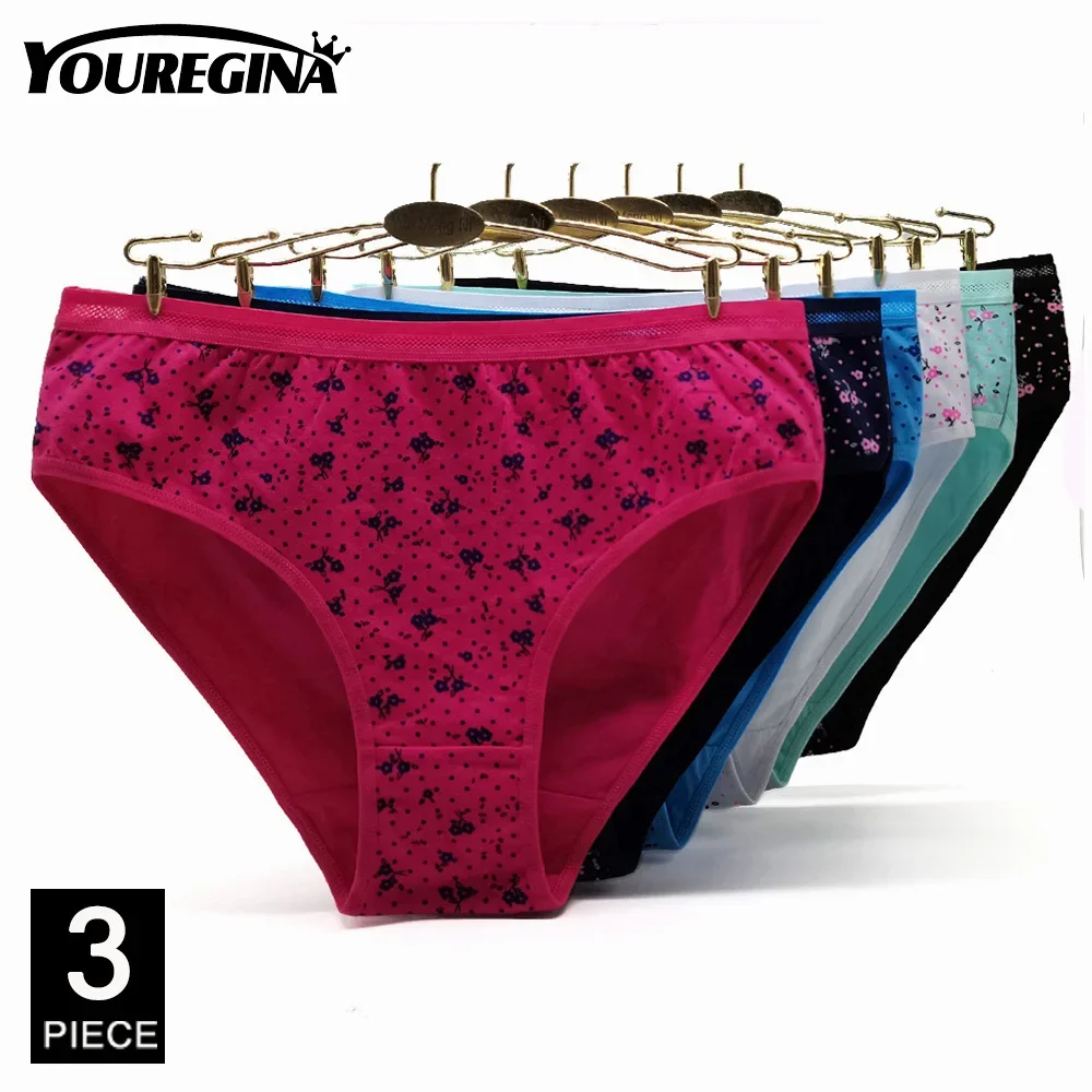 Sexy frauen Höschen Plus Größe Weibliche Unterwäsche Baumwolle Mid-rise Unterhose Einfarbig Damen Briefs Floral Gedruckt 3 teile/los Image
