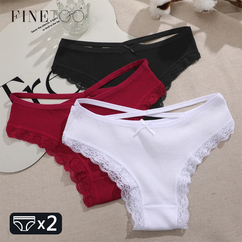 2PCS Baumwolle Höschen für Frauen Sexy Spitze Brasilianische Slips Weibliche Low-Taille Kreuz Gurtband Unterhose Stretch Atmungsaktive Dessous Image